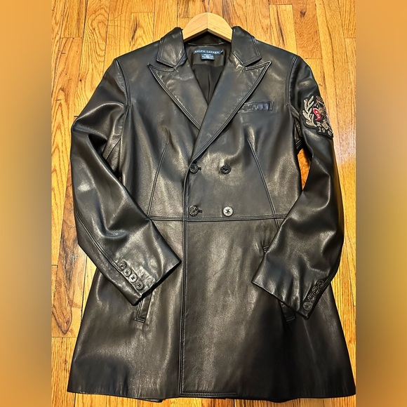 Never worn! Ralph Lauren Black Leather Long Jacket with Unique Embroidery Detail - Picture 2 of 8